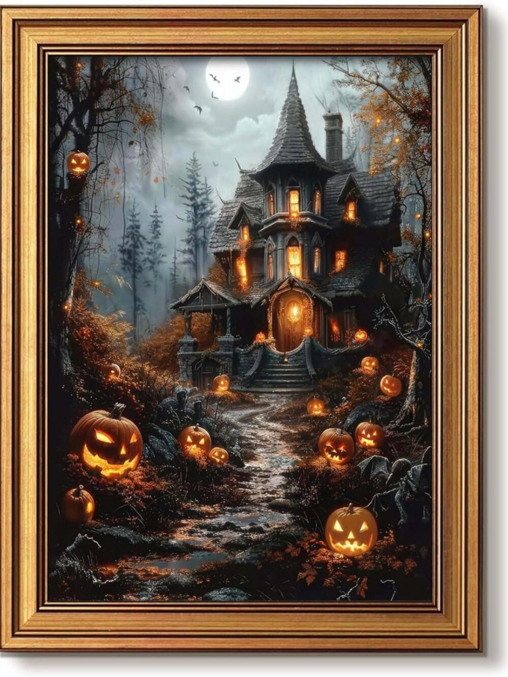 Gothic Halloween Wall Art - Gold Framed Haunted House Prints 16x24 Inches